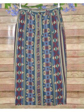 Vintage 90s Y2K Vivaldi Denim Midi Skirt 6 Aztec Southwestern Pockets Modest USA